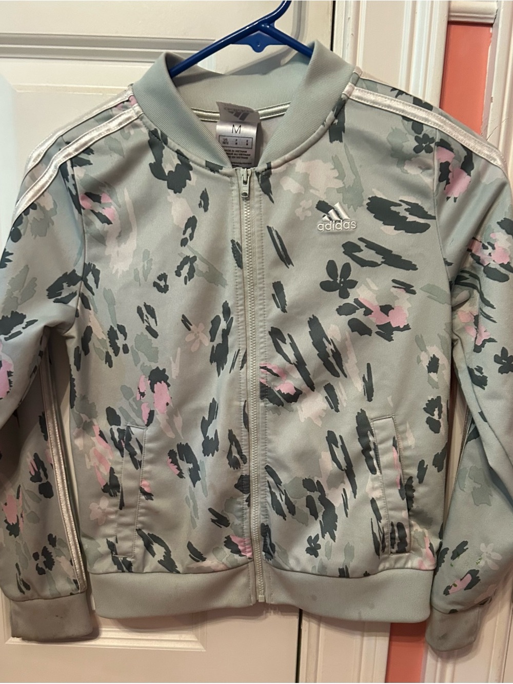 adidas Mint Green Floral Print Girls' Track Jacket with Pink Accents
